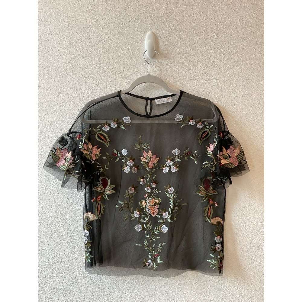 Anthropologie Paper Crane Black Floral Embroidered Top Short Sleeve Women's S